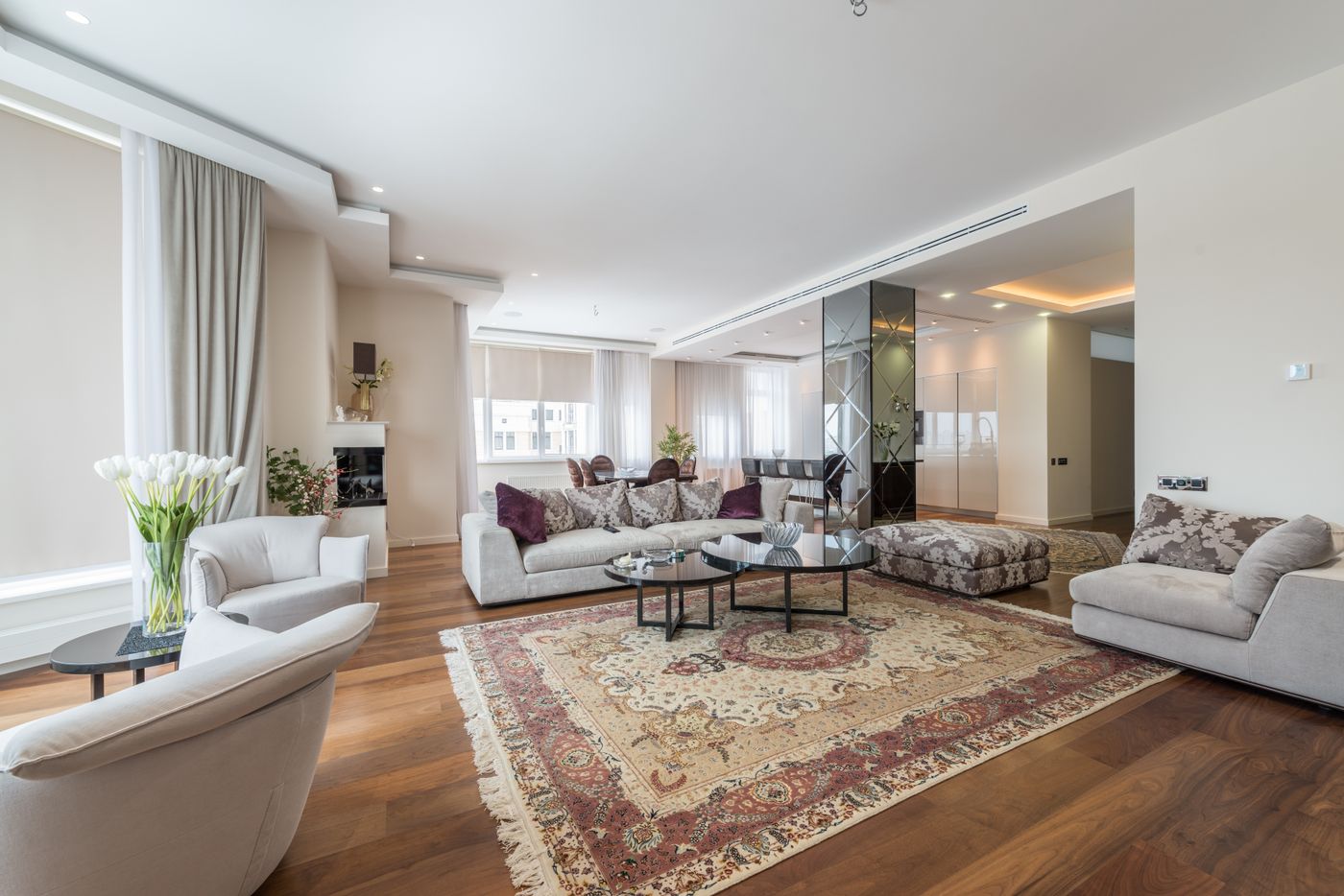 Contemporary living room with recessed ceiling lighting